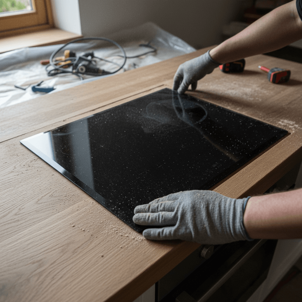 Fachmann beim Induktionskochfeld anschließen in einer modernen Küche