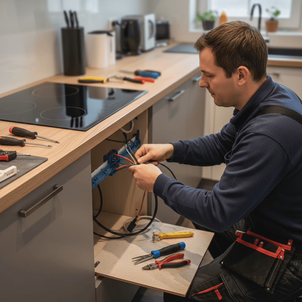 Offene Stromleitungen in einer Küchenwand